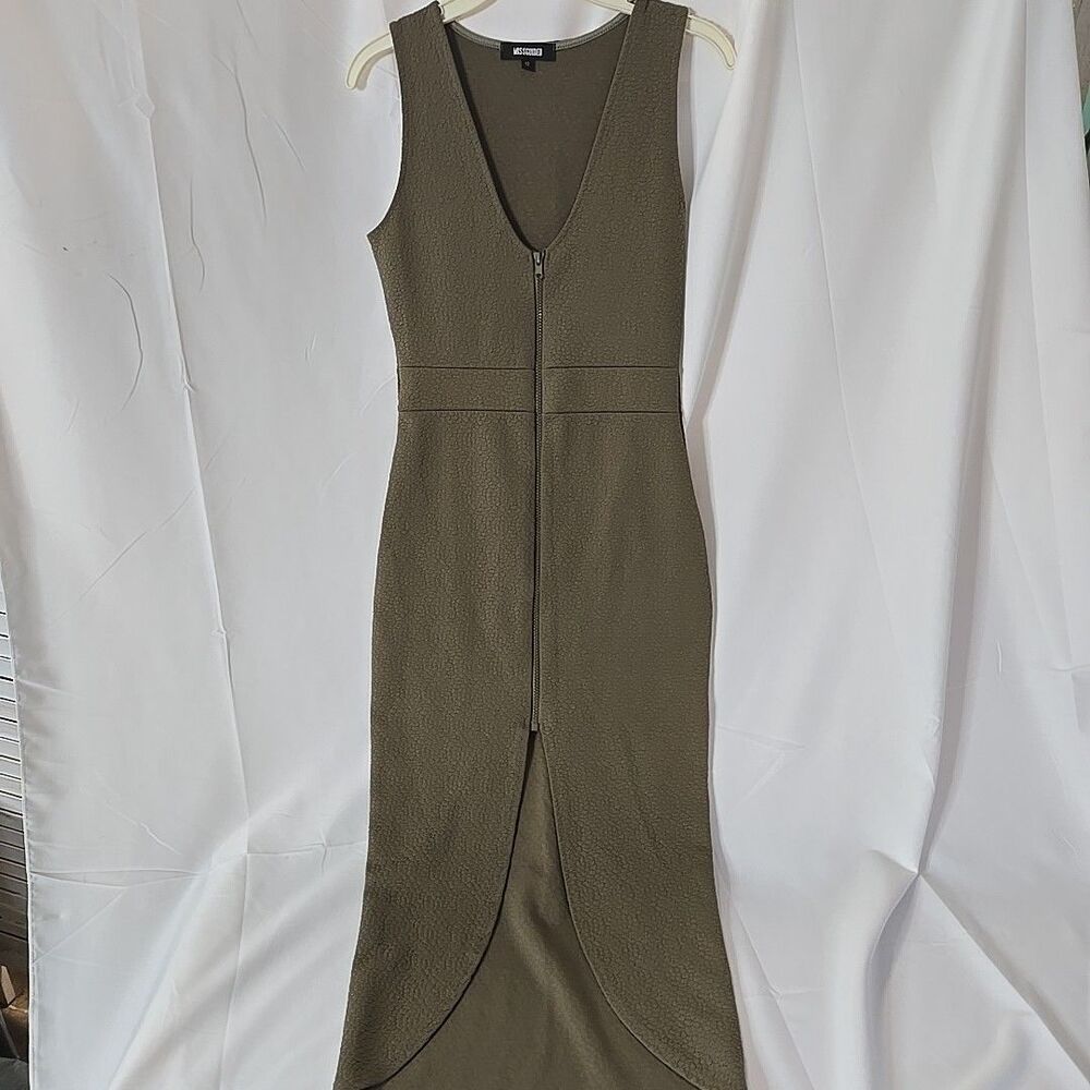 Missguided Olive Green Front Zip Dress Womens 12 High Low Sleeveless Goblincore